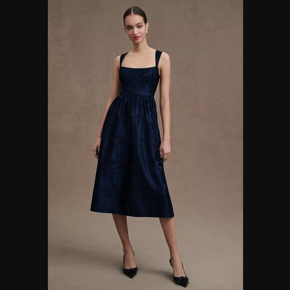 BHLDN Dresses & Skirts - Anthropologie BHLDN Satin Jacquard A-Line Midi Party Dress, Size 12, Navy Blue
